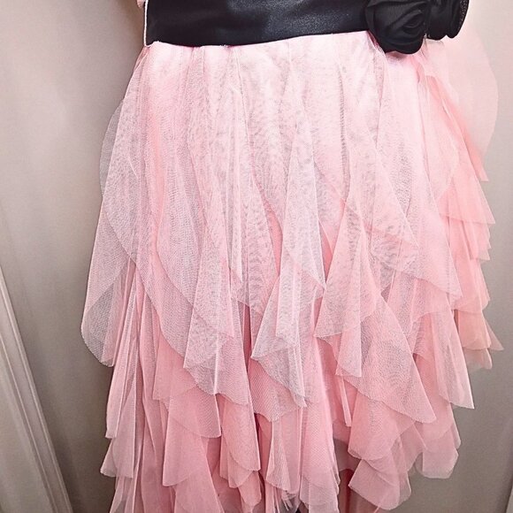 PINK ORGANZA HIGH-LOW PARTY DRESS W/ BLACK ROSETTE FLOWER WAIST BELT - Picture 5 of 6